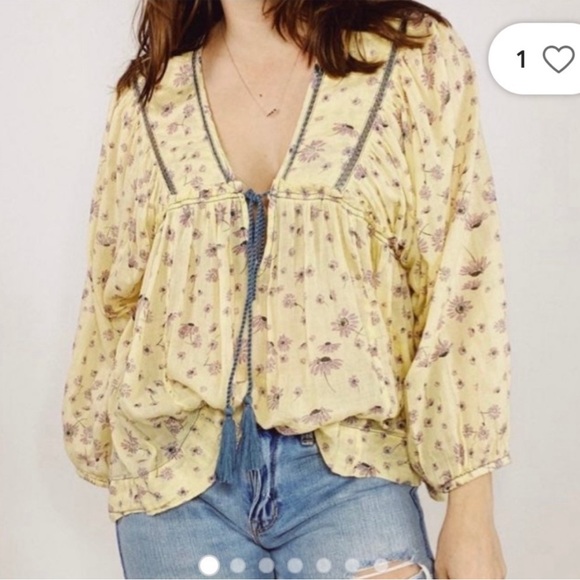 Free People Tops - Free People Never A Dull Moment Yellow Floral Print V Neck Tassel Boho Blouse S